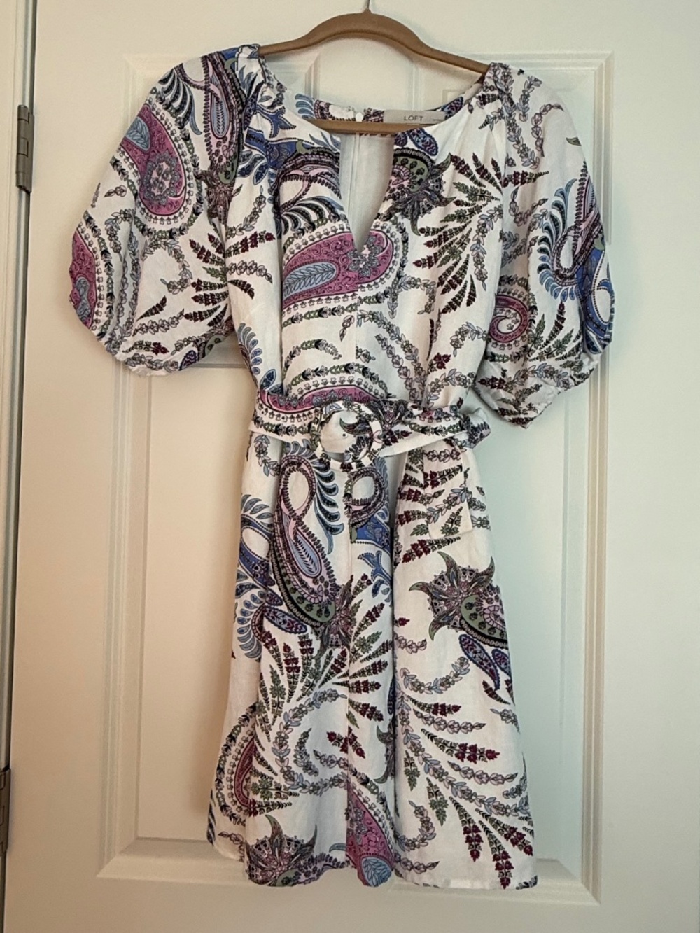 LOFT White Paisley Belted Mini Dress with Blue, Pink, Green Accents
